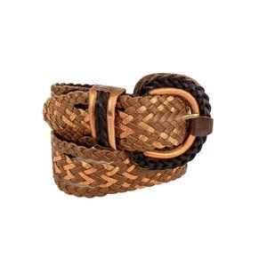 Chico's Leather Woven Belt Size M‎ Brown Large Buckle Womens